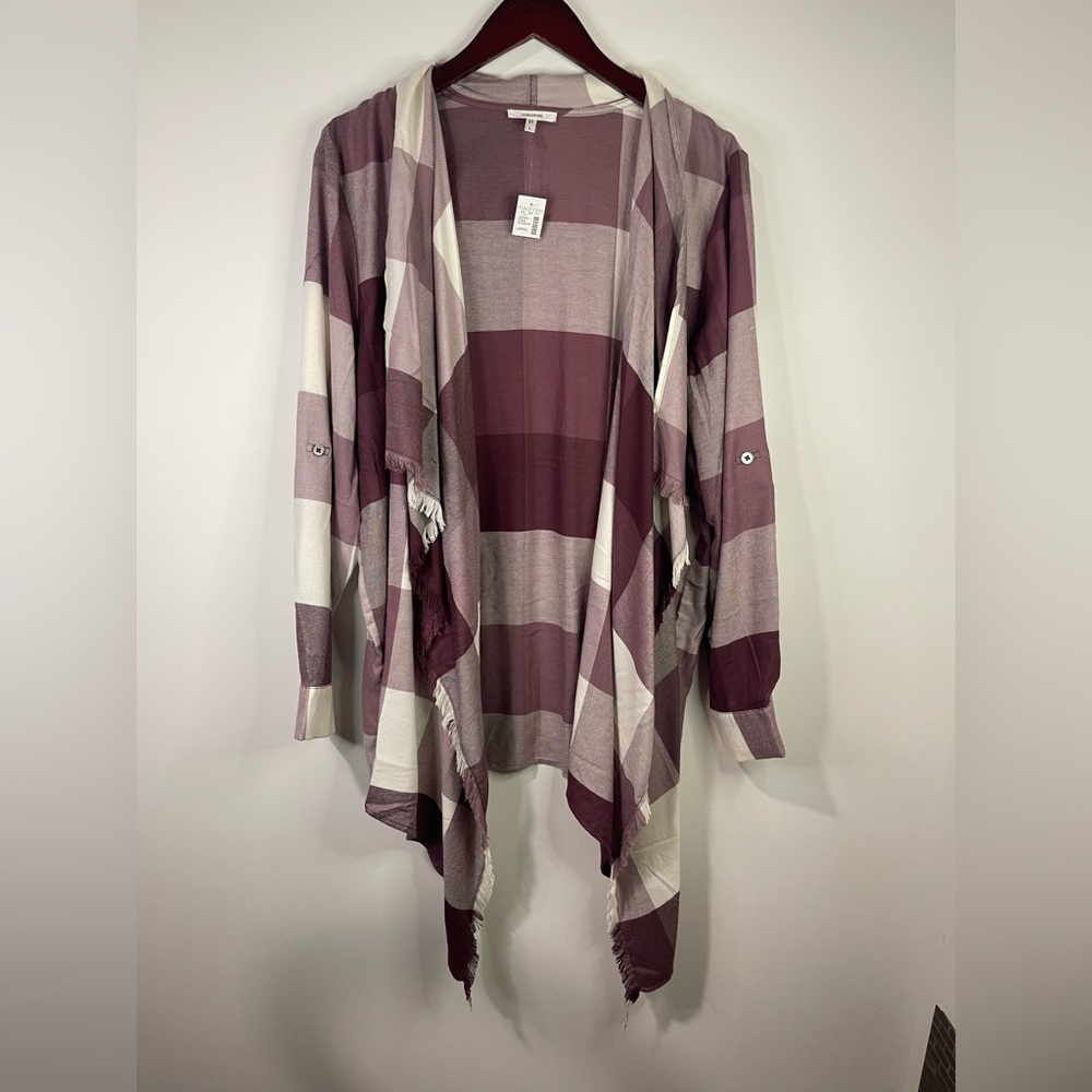 Maurice open front waterfall plaid cardigan with fringe trim.